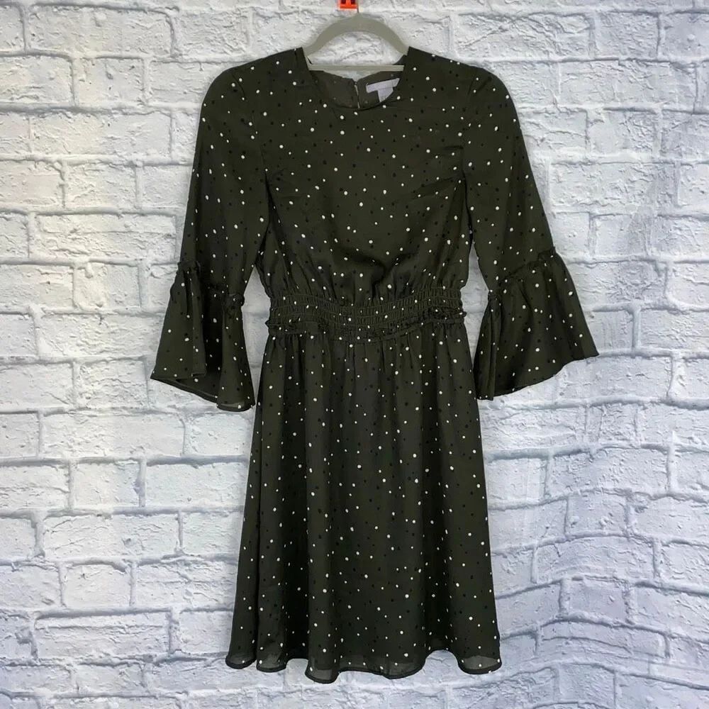 H&M women 2 green polka dot dress w/elastic waistband 3/4 sleeve